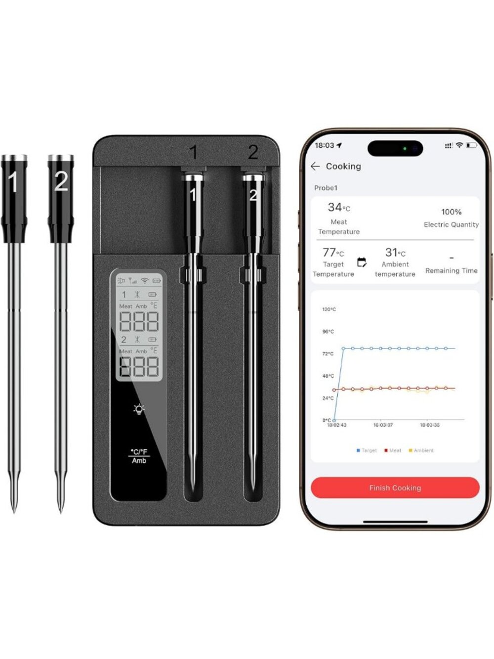 Smart Wireless Meat Thermometer with 2 Probes, WiFi Base & Magnetic Mount